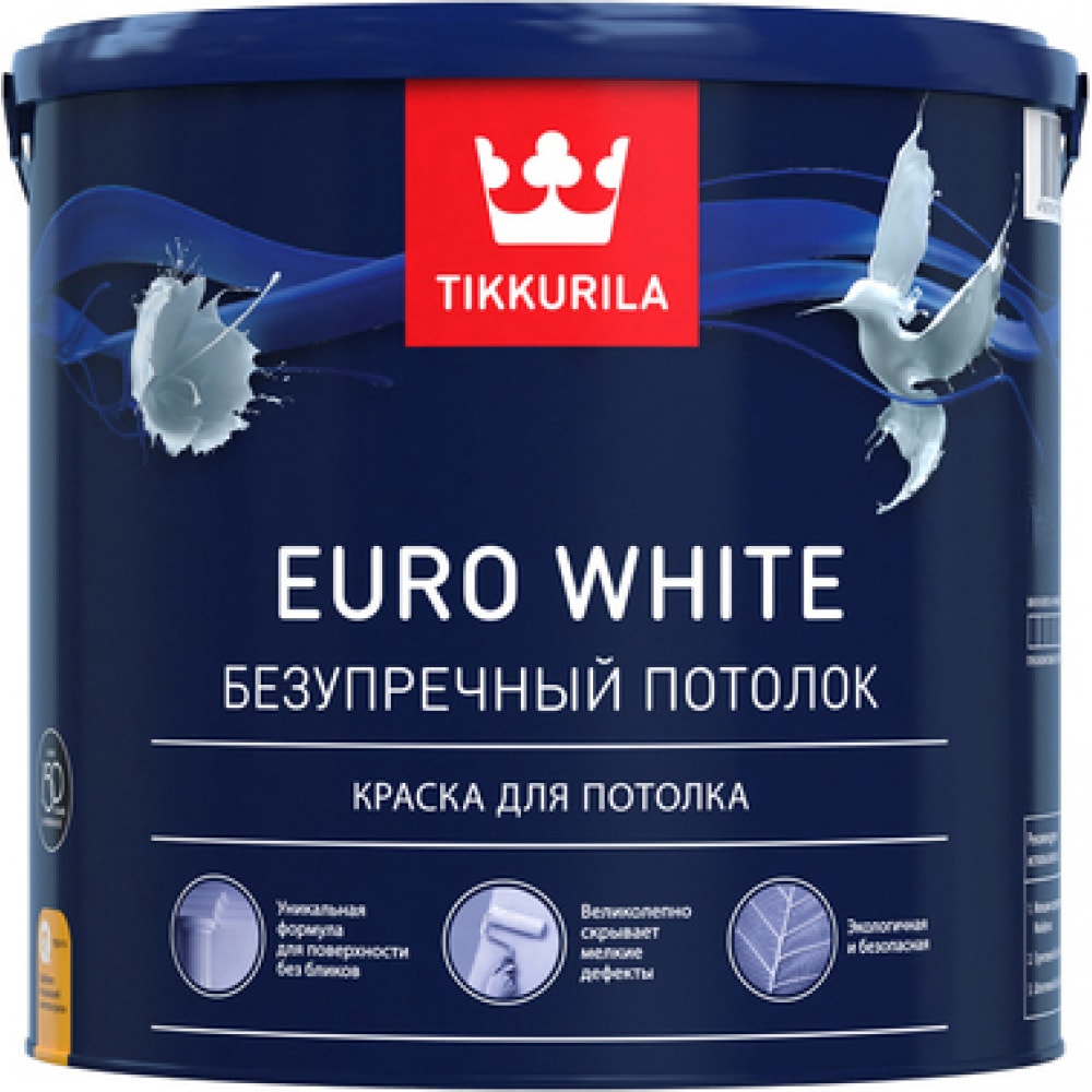 фото Краска tikkurila euro white безупречный потолок, для потолка, глубокоматовая, белая 2,7л 700009609