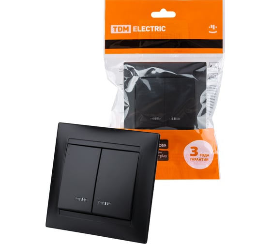 Изображение товара Выключатель 2 клавишный TDM ELECTRIC с подсветкой 10А графит "Лама" SQ1815-0605