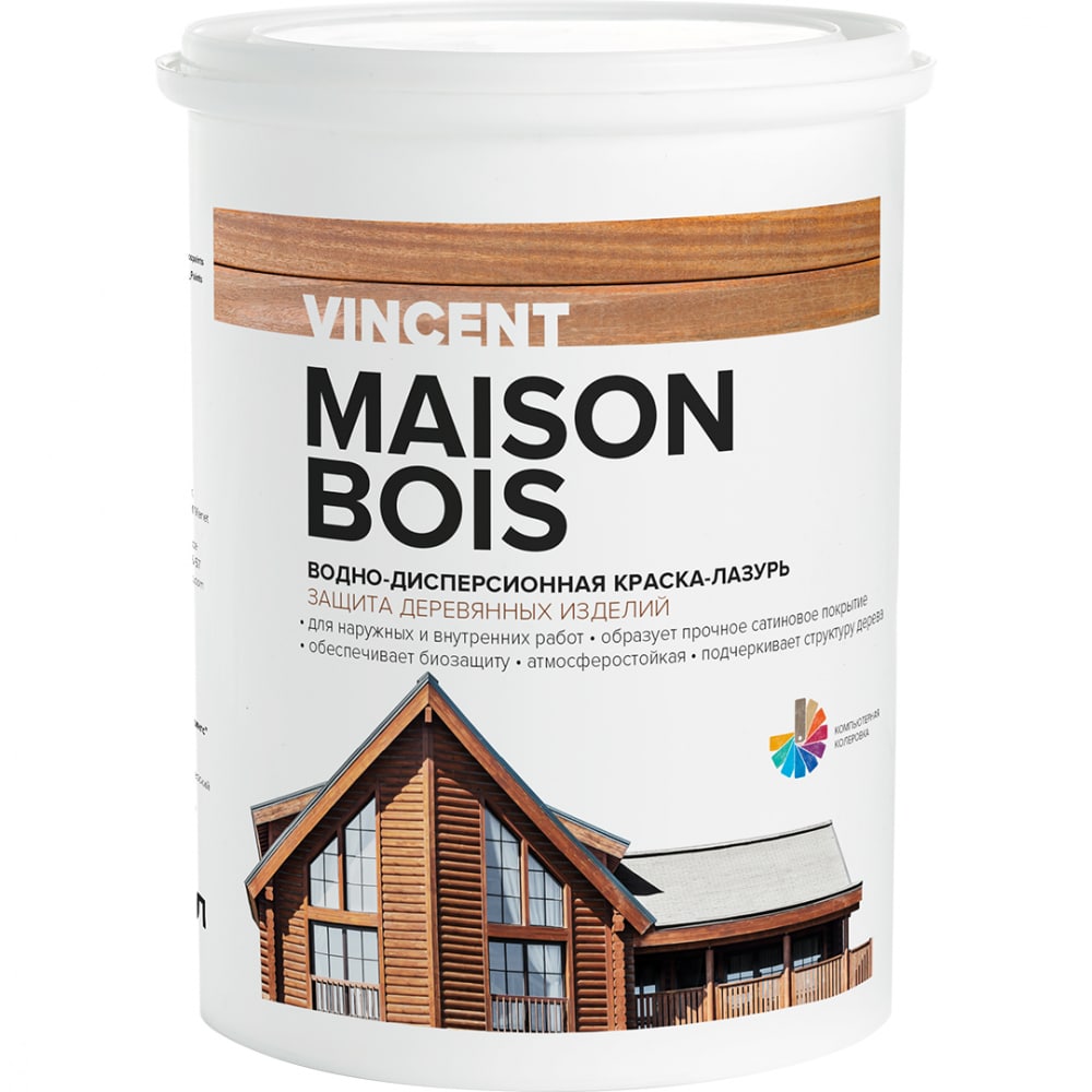 фото Водно-дисперсионная краска-лазурь vincent maison bois для защиты деревянных изделий, баз а 0,9л 105-012