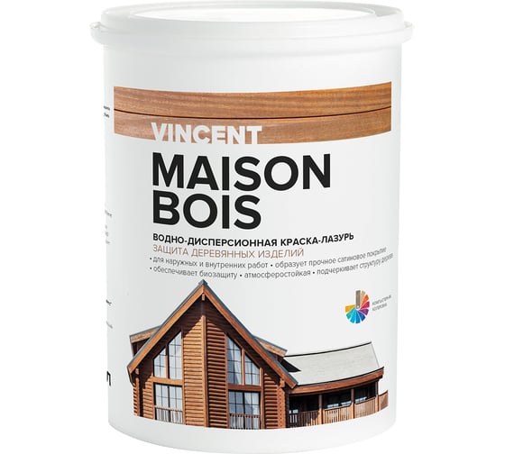 Изображение товара Водно-дисперсионная краска-лазурь VINCENT MAISON BOIS для защиты деревянных изделий, баз А 0,9л 105-012