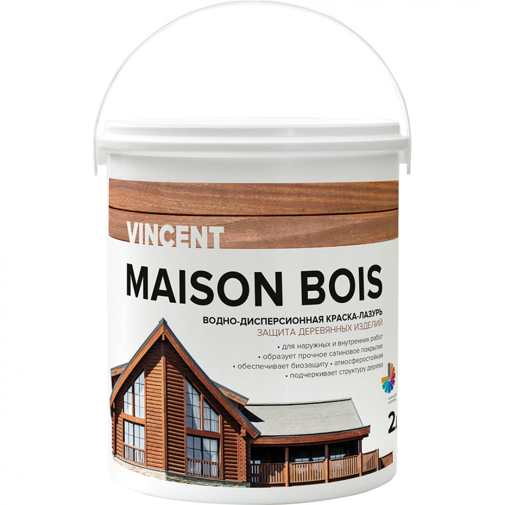 фото Водно-дисперсионная краска-лазурь vincent maison bois для защиты деревянных изделий, баз а 2л 105-038