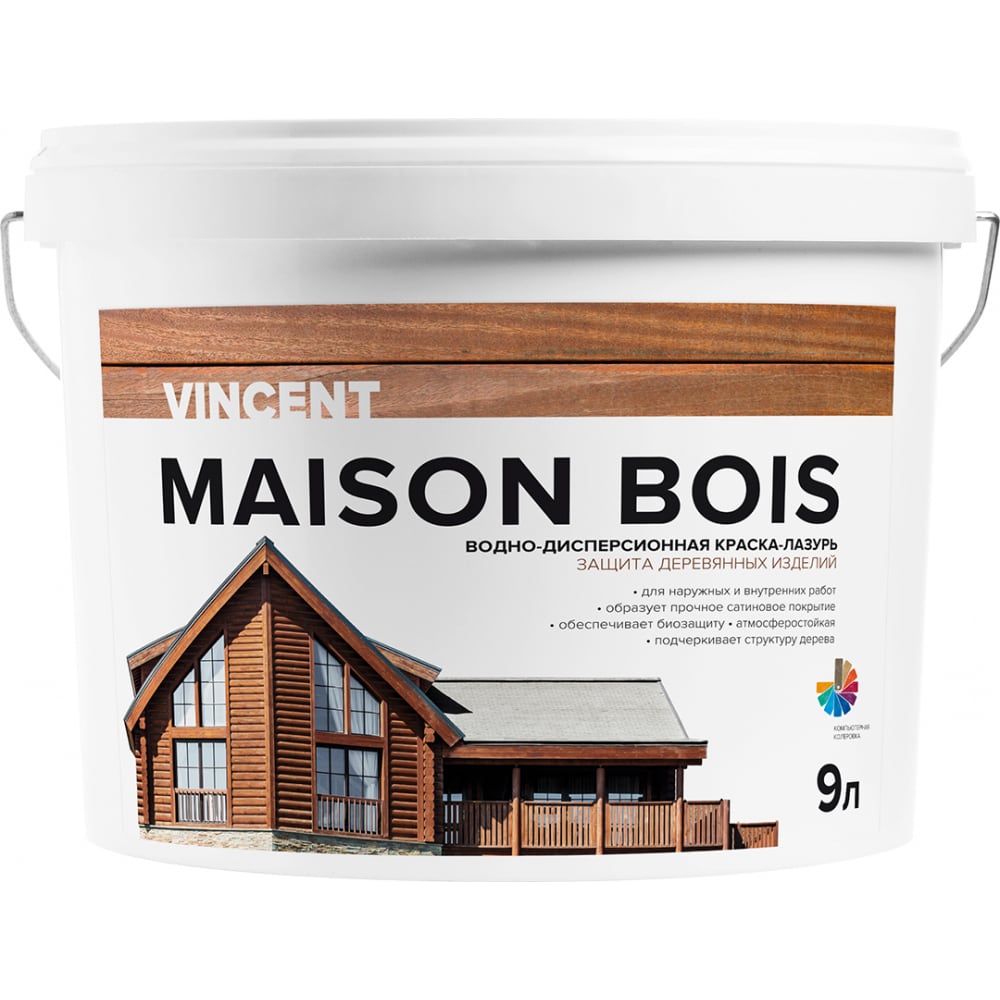 фото Водно-дисперсионная краска-лазурь vincent maison bois для защиты деревянных изделий, баз а 9л 105-009
