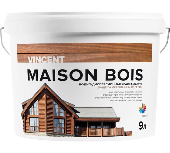 Изображение товара Водно-дисперсионная краска-лазурь VINCENT MAISON BOIS для защиты деревянных изделий, баз А 9л 105-009