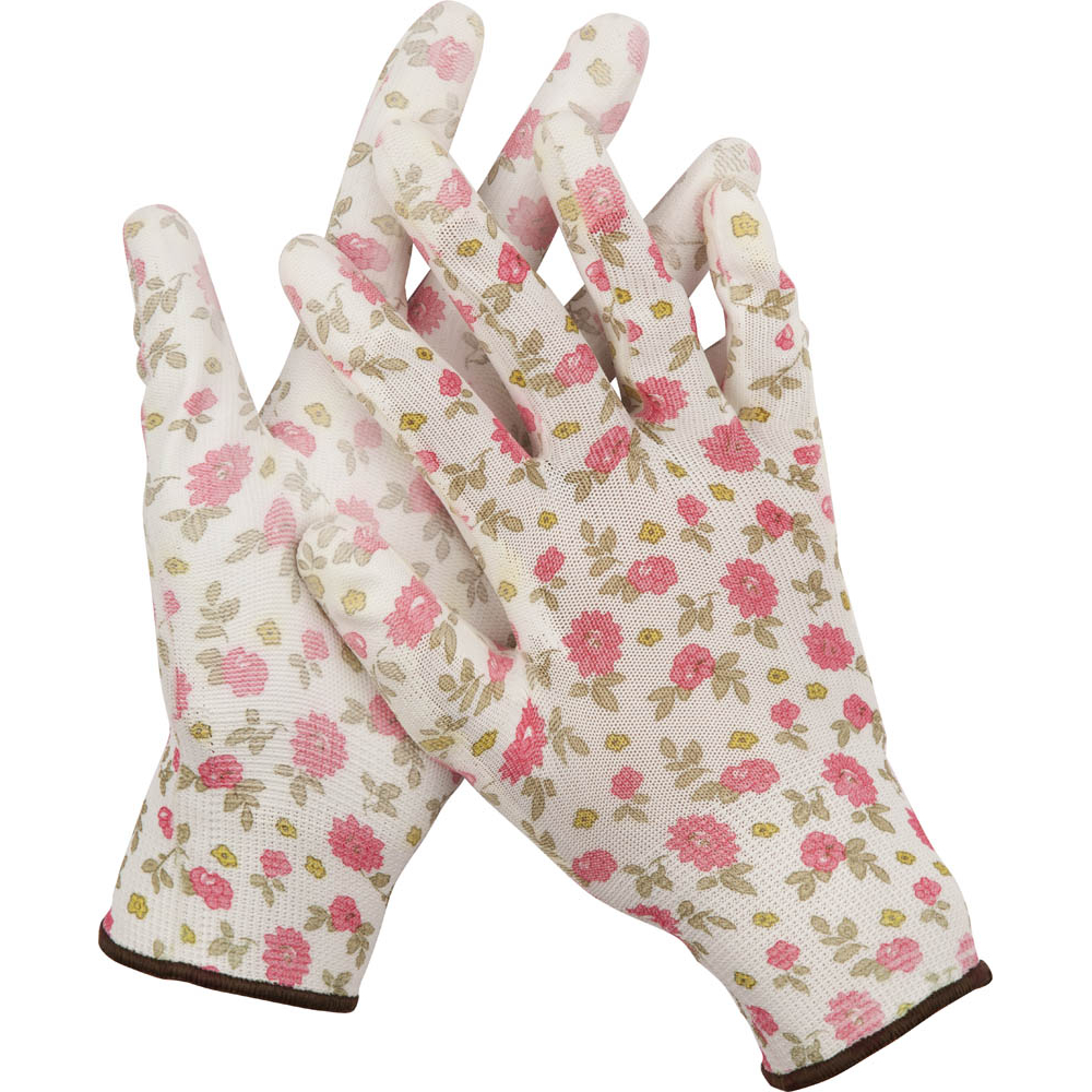 фото Садовые перчатки grinda прозрачное pu покрытие, 13 класс вязки, бело-розовые, размер s 11291-s