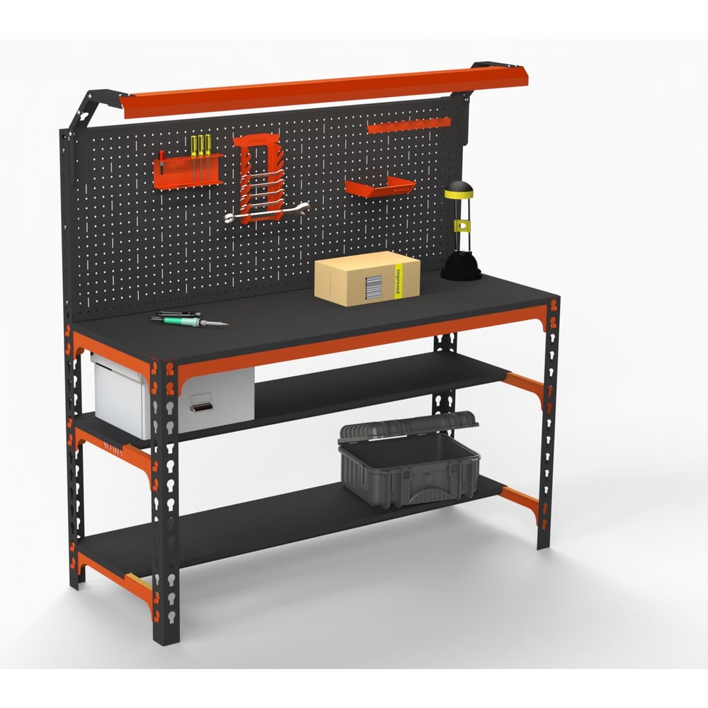 Изображение товара Металлический ООО Металекс Metalex SUN 750x1500x600, 2-е полки, перфопанель с комплектом освещения, оранжево-черный 112090