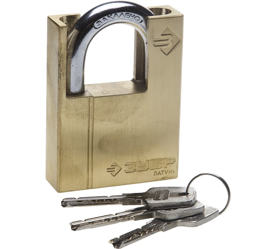 Изображение товара Навесной замок ЗУБР ЭКСПЕРТ латунный корпус закаленная дужка с доп.защитой 60мм 37297-60