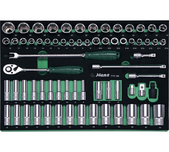 Изображение товара Ложемент торцевых головок и аксессуаров на 1/2" Hans 68 предметов TTF-68