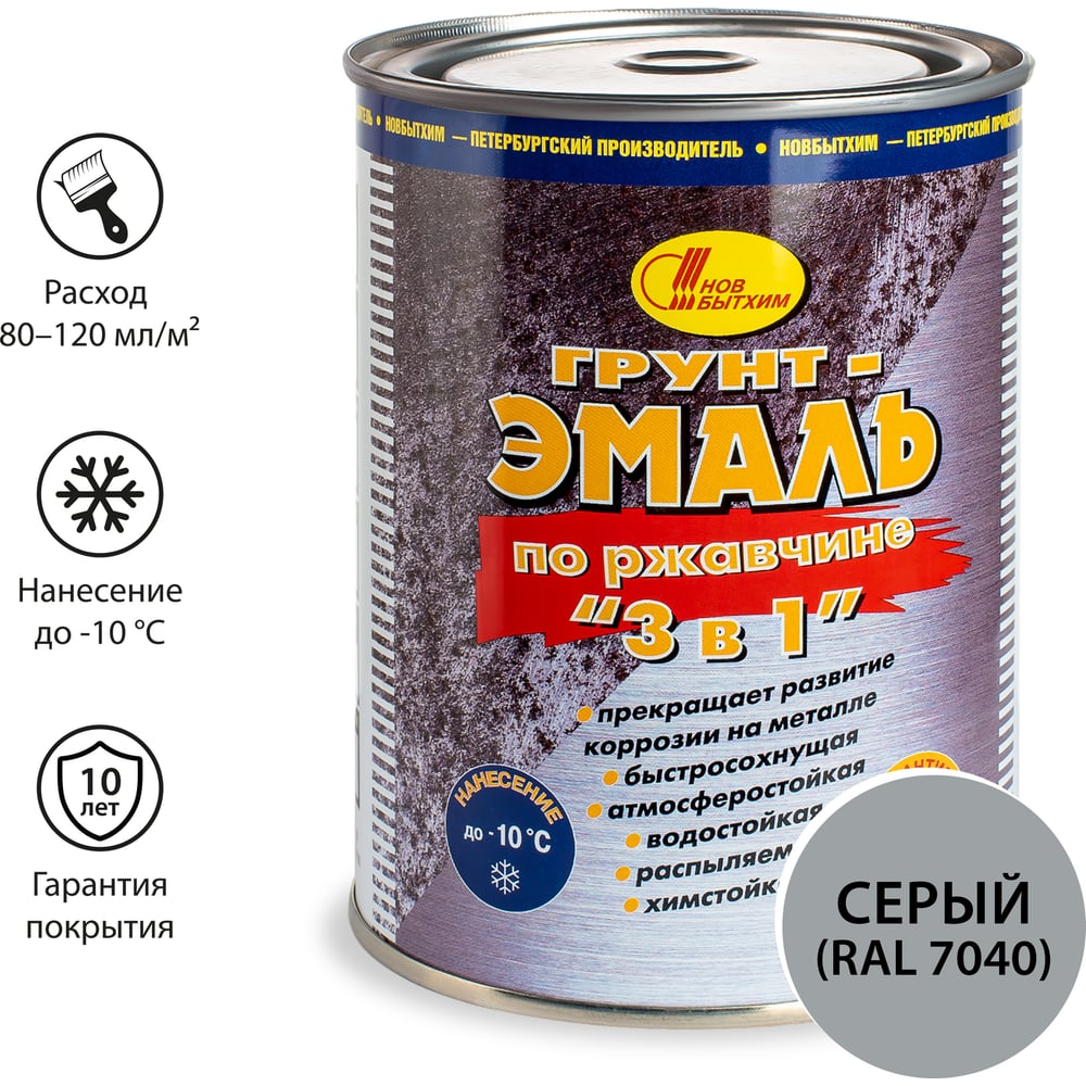 Изображение товара Грунт-эмаль по ржавчине 3в1 Новбытхим серая RAL 7004 1 л