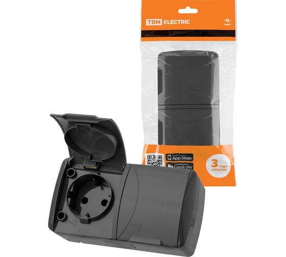 Изображение товара Розетка TDM ELECTRIC двойная 2П+3 открытой установки IP54 16А с крышкой серая "Селигер" SQ1818-0114