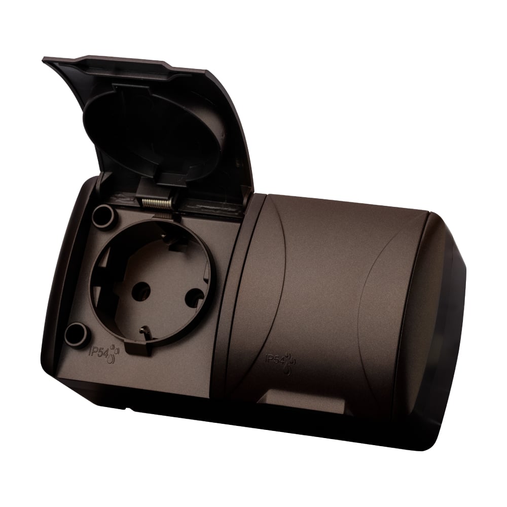 Изображение товара Розетка TDM ELECTRIC двойная 2П+3 IP54 открытая установка шоколад