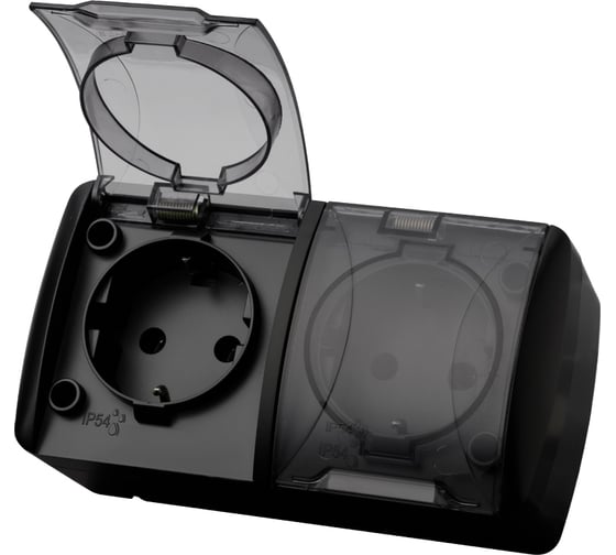 Изображение товара Розетка TDM ELECTRIC двойная 2П+3 открытой установки IP54 16А с прозрачной крышкой графит "Селигер" SQ1818-0309