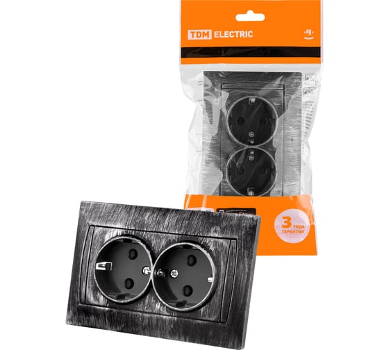 Изображение товара Розетка двойная 2П+З 16А 250В с защитными шторками TDM ELECTRIC старинное серебро, серия "Лама" SQ1815-0654