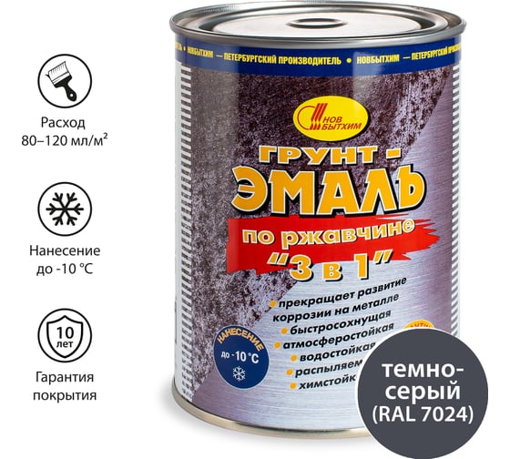 Изображение товара Грунт-эмаль по ржавчине 3в1 Новбытхим темно-серая  RAL 7024 1 л 2901
