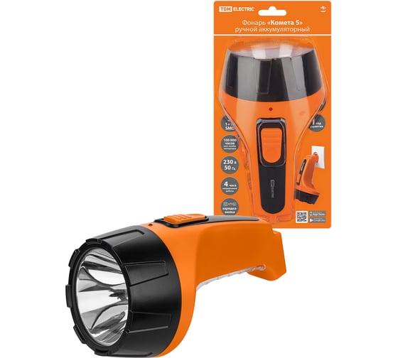 Изображение товара Фонарь TDM «Комета 5» ручной аккумуляторный, 2 Вт 1 светодиод+10 SMD, 0,7 А*ч 230 В вилка, SQ0350-0082