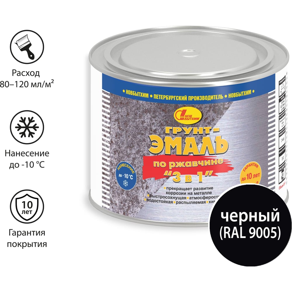 Изображение товара Грунт-эмаль по ржавчине 3 в 1 Новбытхим черная RAL 9005 0.4 л