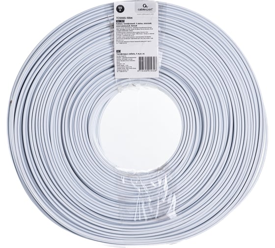 Изображение товара Телефонный кабель Cablexpert 4 жилы, плоский, многожильный, 100 м, белый TC1000S-100m