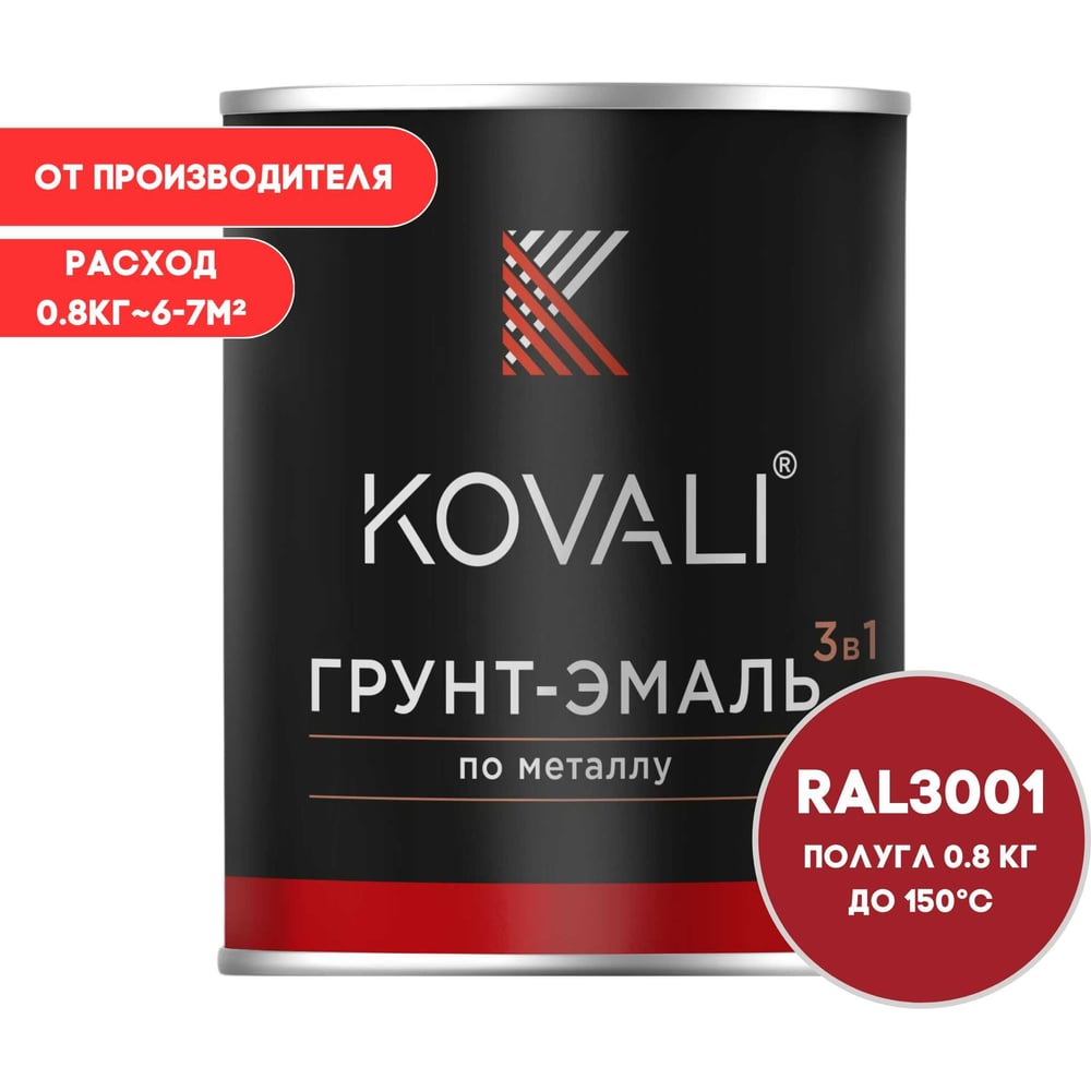 Изображение товара Грунт-эмаль KOVALI 3 в 1 полуглянец сигнальная красная RAL 3001 0,8кг акрило-алкидная
