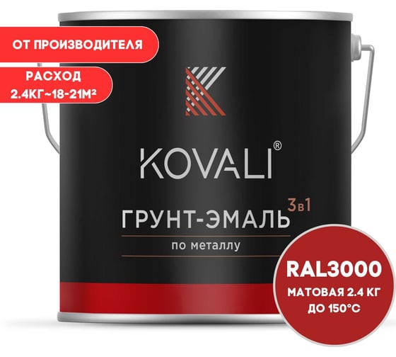 Изображение товара Грунт-эмаль KOVALI 3 в 1 матовая огненно-красная RAL 3000 2,4кг kov3.2.5C3000