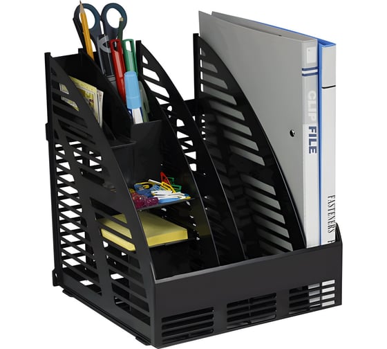 Изображение товара Лоток вертикальный для бумаг ОФИСМАГ 240x240x300 мм, 3 отделения, сборный, с органайзером, черный, 4С143 231526