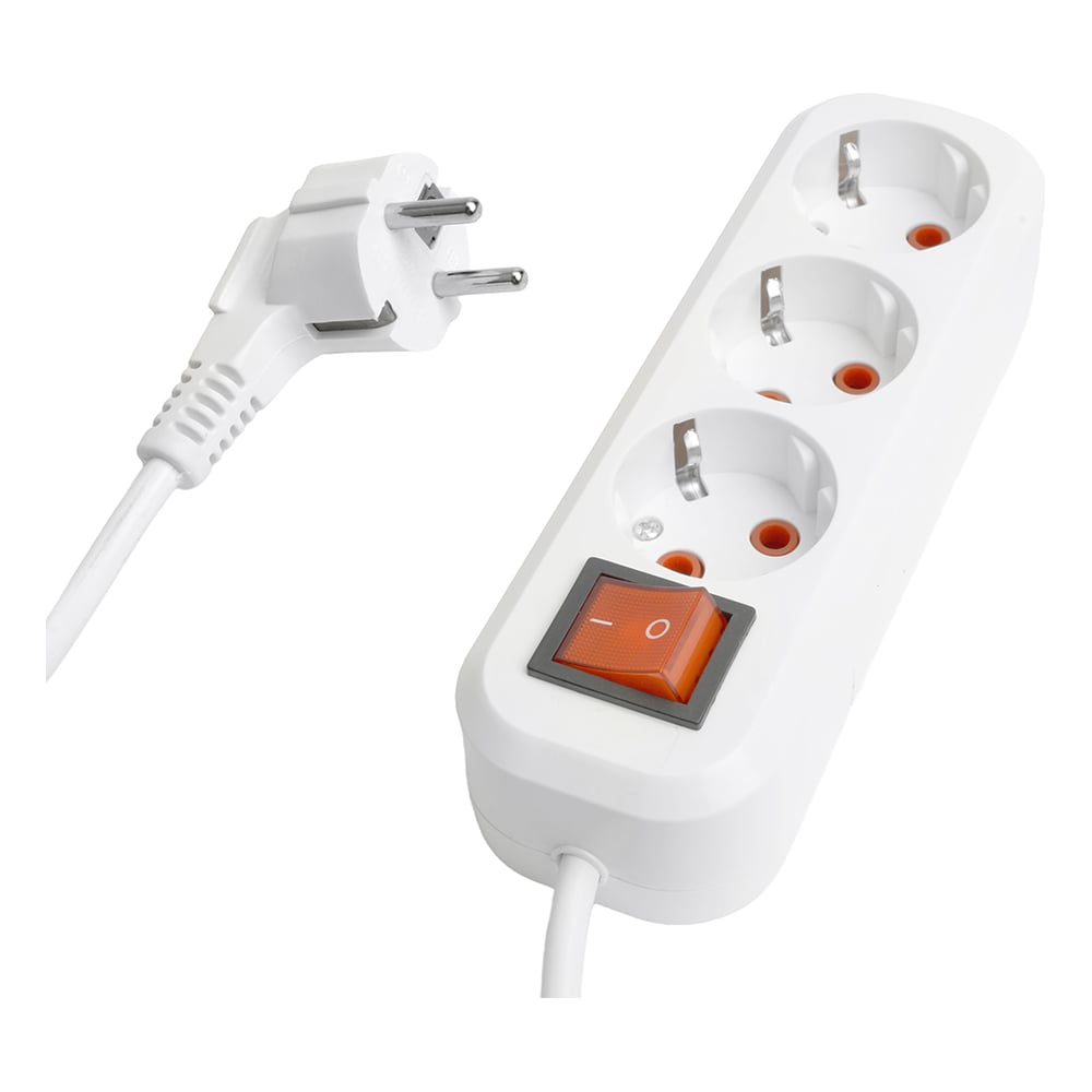 Изображение товара Трехместный удлинитель STEKKER с заземлением и выключателем, 10м, белый