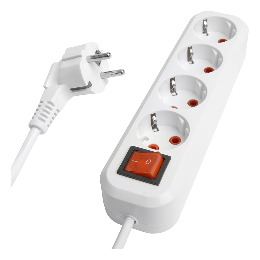 Изображение товара Четырехместный удлинитель STEKKER hm07-41-03  с заземлением, с выключателем, 3x1мм2, 3м, серия home (у16а-003), белый 49359