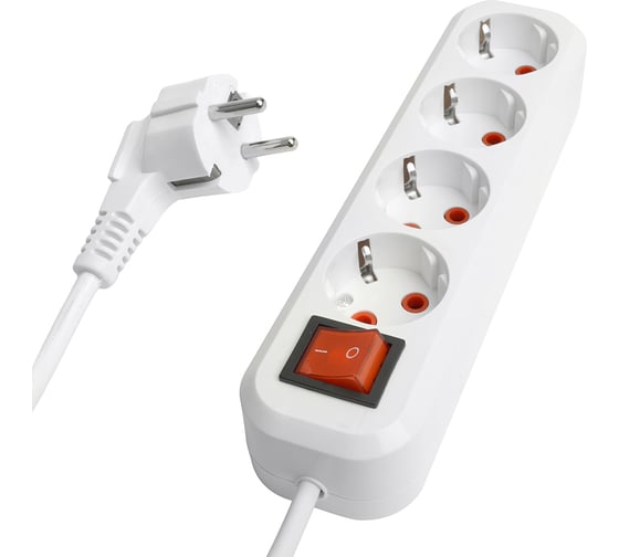 Изображение товара Четырехместный удлинитель STEKKER hm07-41-02 с заземлением, с выключателем, 3x1мм2, 2м, серия home (у16а-003), белый, 49358