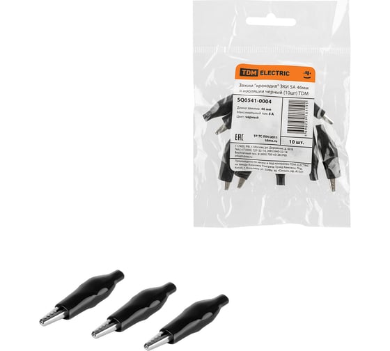 Изображение товара Зажим для проводов (крокодил) ЗКИ 5А TDM ELECTRIC 46мм в изоляции черный упаковка 10 штук SQ0541-0004