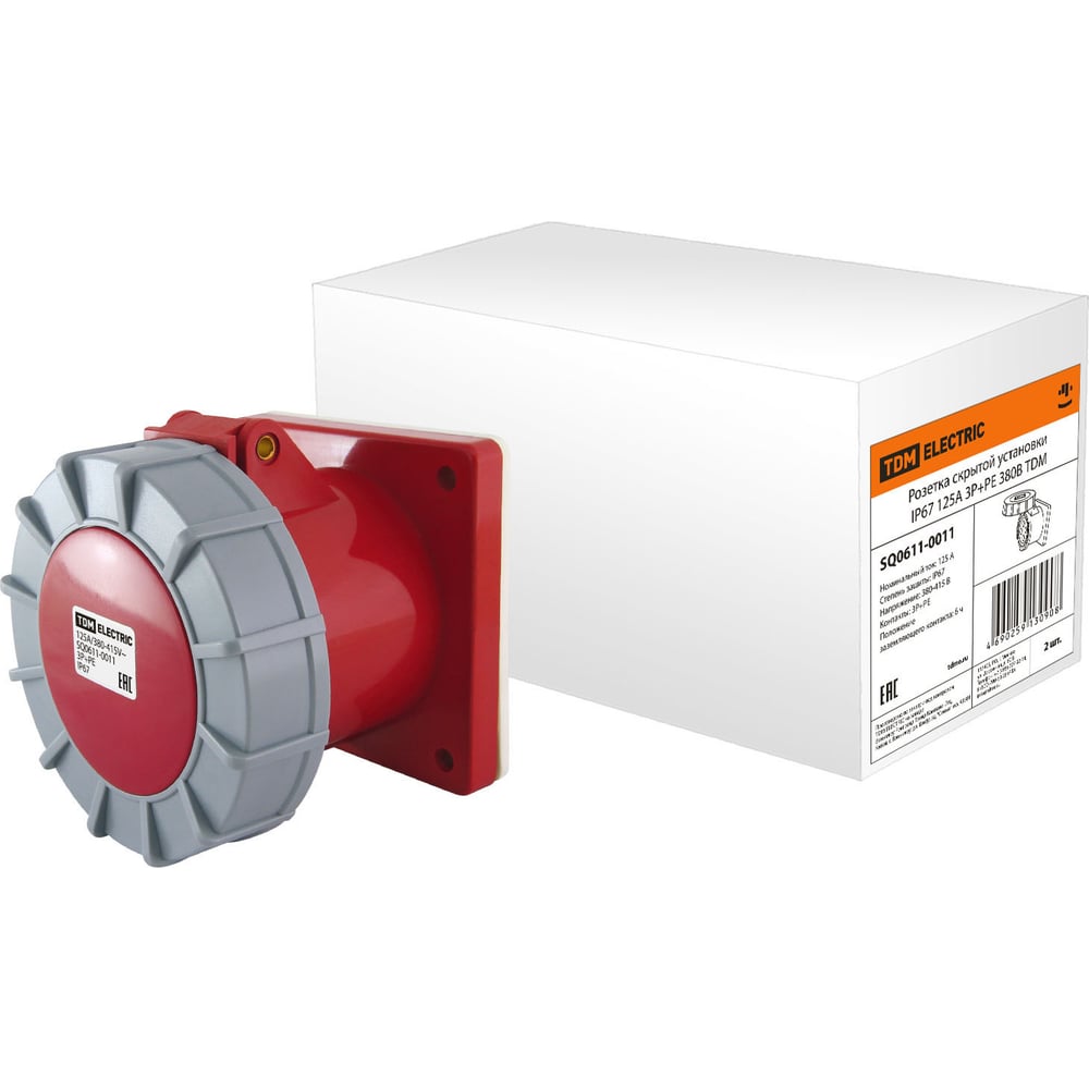 Изображение товара Розетка кабельная TDM ELECTRIC скрытая установка IP67 125А 3Р РЕ 380В SQ0611-0011