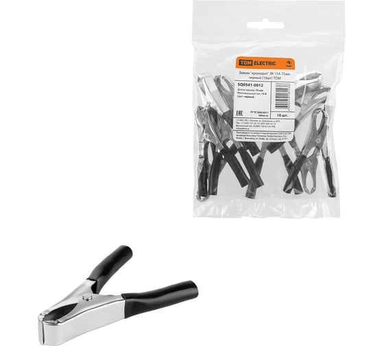 Изображение товара Зажим для проводов (крокодил) ЗК 15А TDM ELECTRIC 75мм черный упаковка 10 штук SQ0541-0012