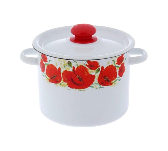 Изображение товара Кастрюля эмалированная Сибирские товары цилиндрическая 3,5 л декор Маки с пластиковой кнопкой С1612.3*67 ХП9806