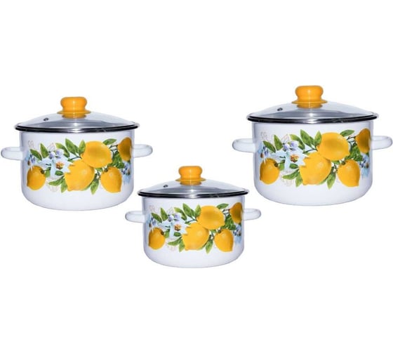 Изображение товара Набор эмалированной посуды Сибирские товары №35 белый Лимоны, крышка стеклянная N35B97S СП4754