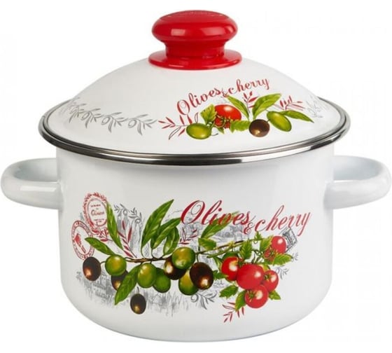 Изображение товара Кастрюля эмалированная Сибирские товары цилиндрическая 2,0 л с ободком белая Оливки и черри 3MD161M ХП10098