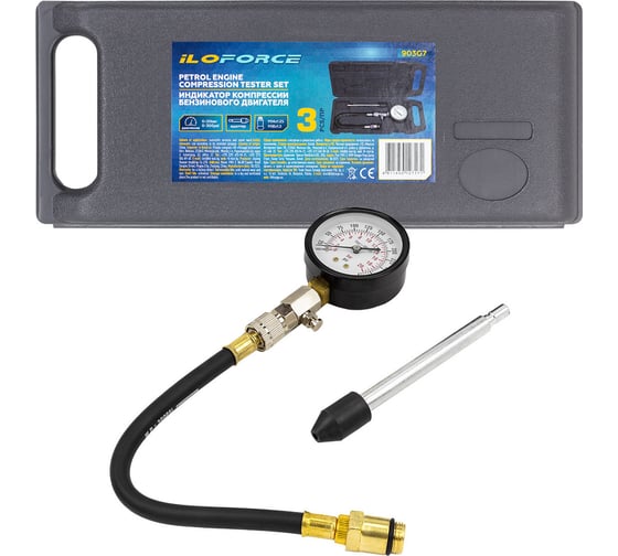 Изображение товара Индикатор компрессии бензинового двигателя iLOFORCE Profi (0-20 Bar, М14, М18 + жесткий прижимной адаптер-переходник) 3пр., в кейсе IF-903G7(57808)