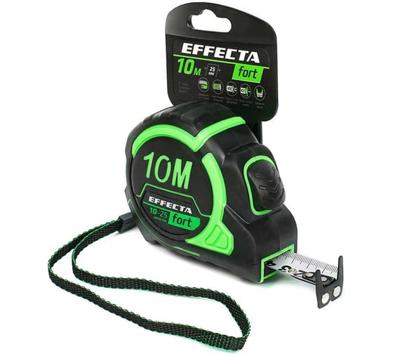 Изображение товара Рулетка EFFECTA Fort 10 м, 25 мм, магнит, автостоп, нейлоновая лента с 2-сторонней шкалой 581125