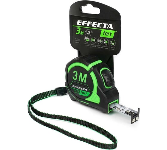 Изображение товара Рулетка EFFECTA Fort 3 м, 16 мм, магнит, автостоп, нейлоновая лента с 2-сторонней шкалой 581316