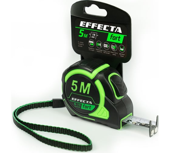Изображение товара Рулетка EFFECTA Fort 5 м, 19 мм, магнит, автостоп, нейлоновая лента с 2-сторонней шкалой 581519