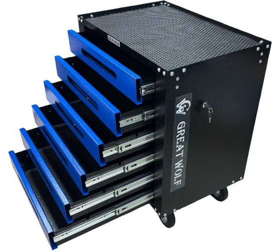 Изображение товара Инструментальная тележка Great Wolf 6 ящиков, ЦЗ, увеличенные колеса с тормозом, доводчики, синяя GWT-B6S