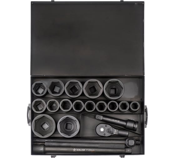 Изображение товара Набор ударных головок Airline 1" 90 мм, 27-80 мм, Т-вороток, трещотка, удлинитель, металлический кейс, 20 предметов ATAS068