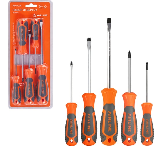 Изображение товара Набор отвёрток Airline SL3x75 мм, SL5x100, SL6x125 мм, PH0x75 мм, PH1x75 мм, блистер, 5 предметов ATAU035