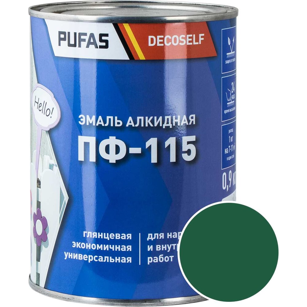 Изображение товара Эмаль Pufas ПФ-115 зеленая Decoself 0,9кг тов-200173 Изображение товара Эмаль Pufas ПФ-115 зеленая Decoself 0,9кг тов-200173