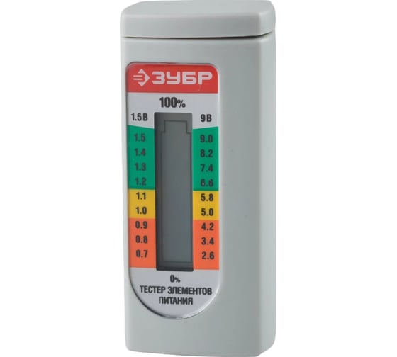 Изображение товара Тестер Зубр уровня заряда батарей для элементов питания ААА, АА, С, D, LR44, 6LR61, корунд 59260