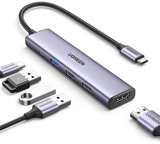 Изображение товара USB концентратор (хаб) Ugreen USB-C To HDMI, 1xUSB3.0 A, 2xUSB2.0 A, PD Power Converter, цвет серебристый 15495