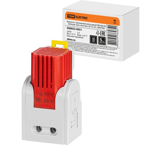 Изображение товара Термостат с фиксированной уставкой TDM ELECTRIC ТФУ-002 NC (обогрев, темп. выкл/вкл 25/15), 5 А, 230 В SQ0832-0051