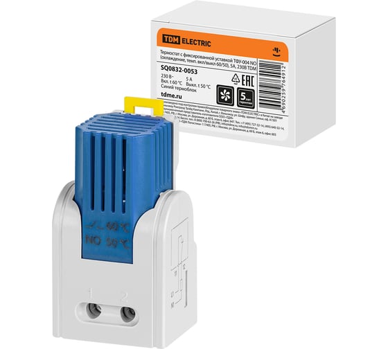 Изображение товара Термостат с фиксированной уставкой TDM ELECTRIC ТФУ-004 NО (охлаждение, темп. вкл/выкл 60/50), 5 А, 230 В SQ0832-0053