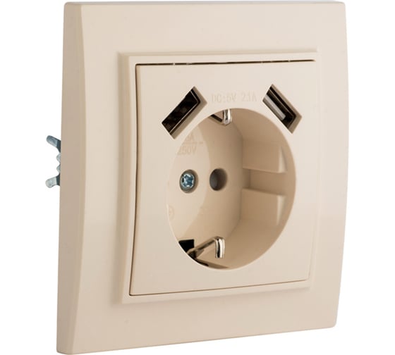 Изображение товара 1-местная розетка EKF Минск СП 16А с заземлением, с защитными шторками, с 2 USB 2.1А, бежевая ERR16-028-200-2USB