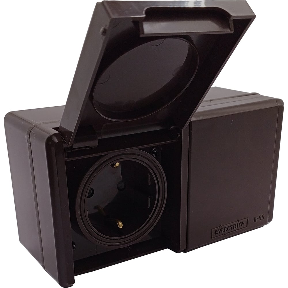 Изображение товара Розетка 2-местная Bylectrica IP55 с заземлением и защитными шторками, серия ПРАЛЕСКА АКВА, шоколад