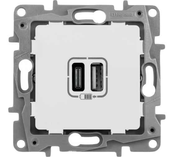 Изображение товара Зарядное устройство Legrand Etika с двумя USB-разъемами тип C-тип C 240 В/5 В 300 м А белое 672235