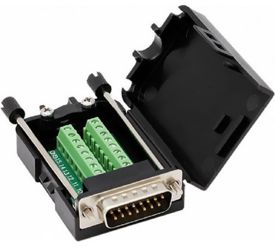 Изображение товара Разъем db15 Доступная Автоматика с пластиковым кожухом и клеммной колодкой (порт папа) DB15_M