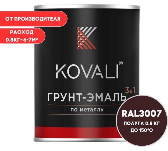 Изображение товара Грунт-эмаль KOVALI 3 в 1 полуглянец черно-красная RAL 3007 0,8кг kov3.1.4С3007