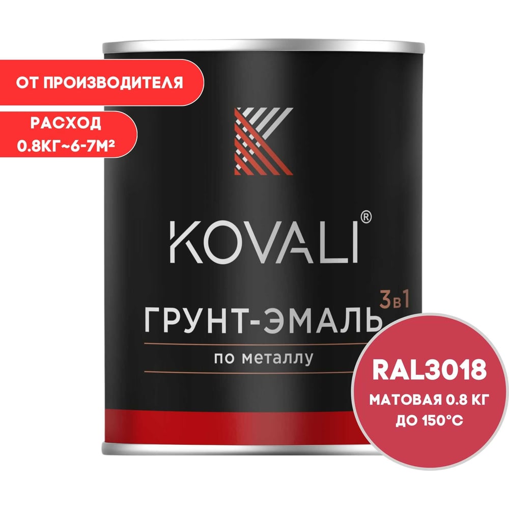 Грунт-эмаль 3 в 1 KOVALI матовая Клубнично-красная RAL 3018 (0,8кг) kov3.2.1.A.3018.0.8mat